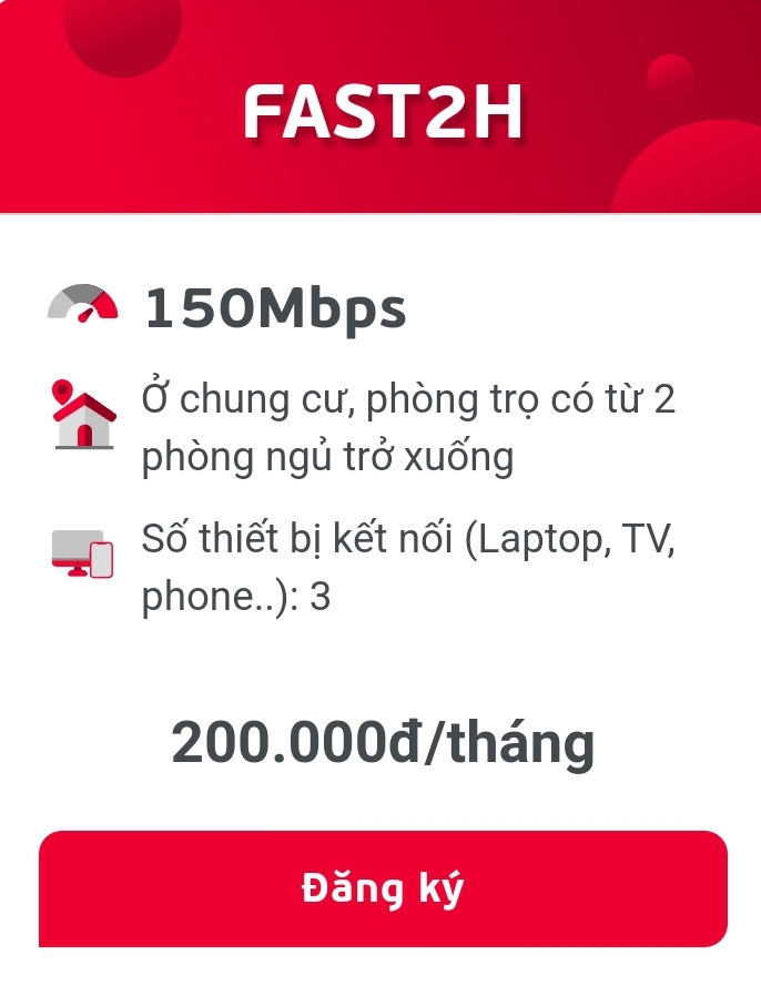 Fast 2H giá 200.000/tháng băng thông 150Mbps Ngoại Thành