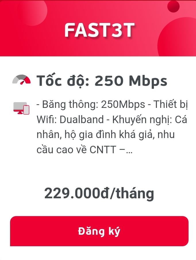 Fast 3T giá 229.000/tháng băng thông 250Mbps NgoạiThành