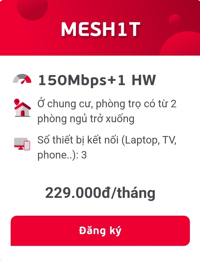 Mesh 1T giá 229.000/tháng băng thông 150Mbps Ngoại Thành