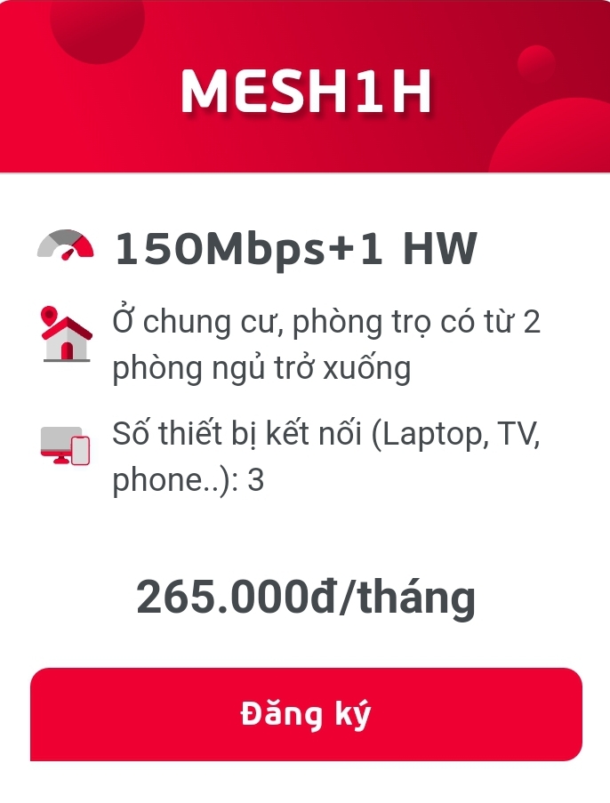 Mesh 1H giá 265.000/tháng băng thông 150Mbps Nội Thành